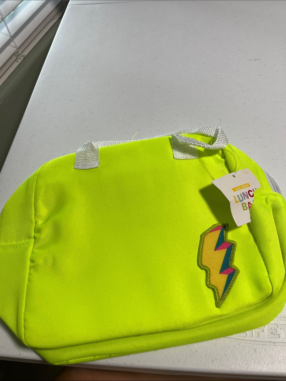 Neon Yellow Kids Lunch Bag with Lightning Patch